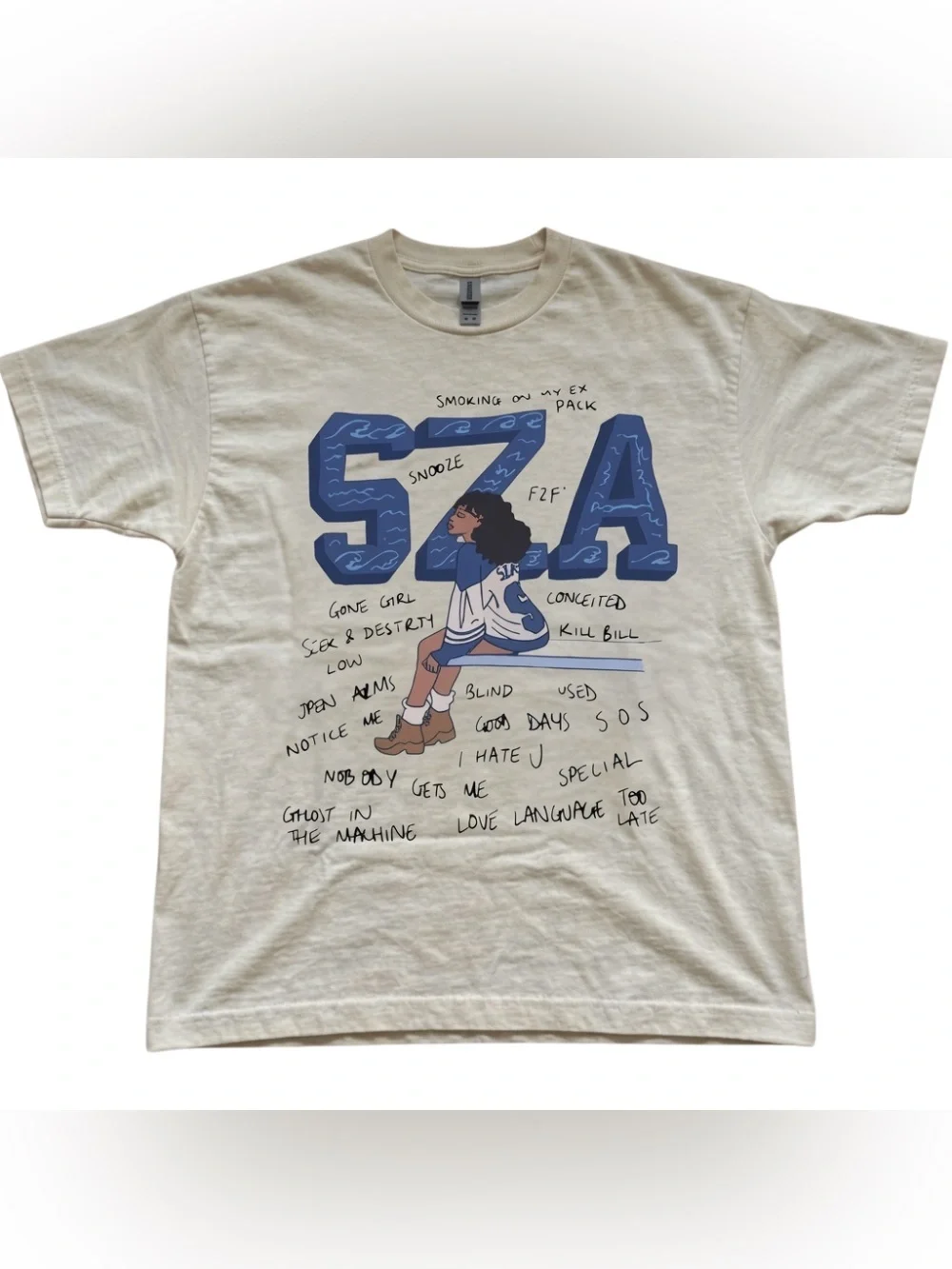 SZA Graphic Tee in Cream with Blue - White Tee